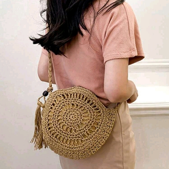 Bag Handmade Woven Round Boho Tassel Decor Crossbody Bag Fashion Hollow Out Bag